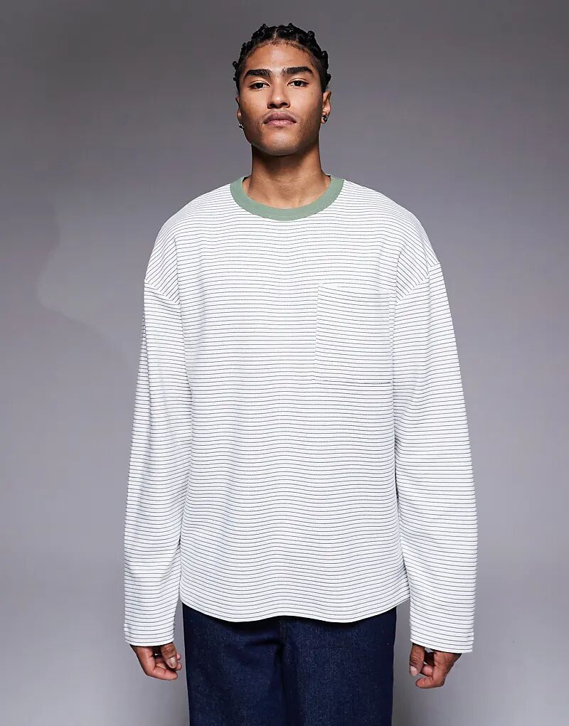 

Плотная свободная футболка ASOS DESIGN с длинными рукавами в зеленую фактурную полоску