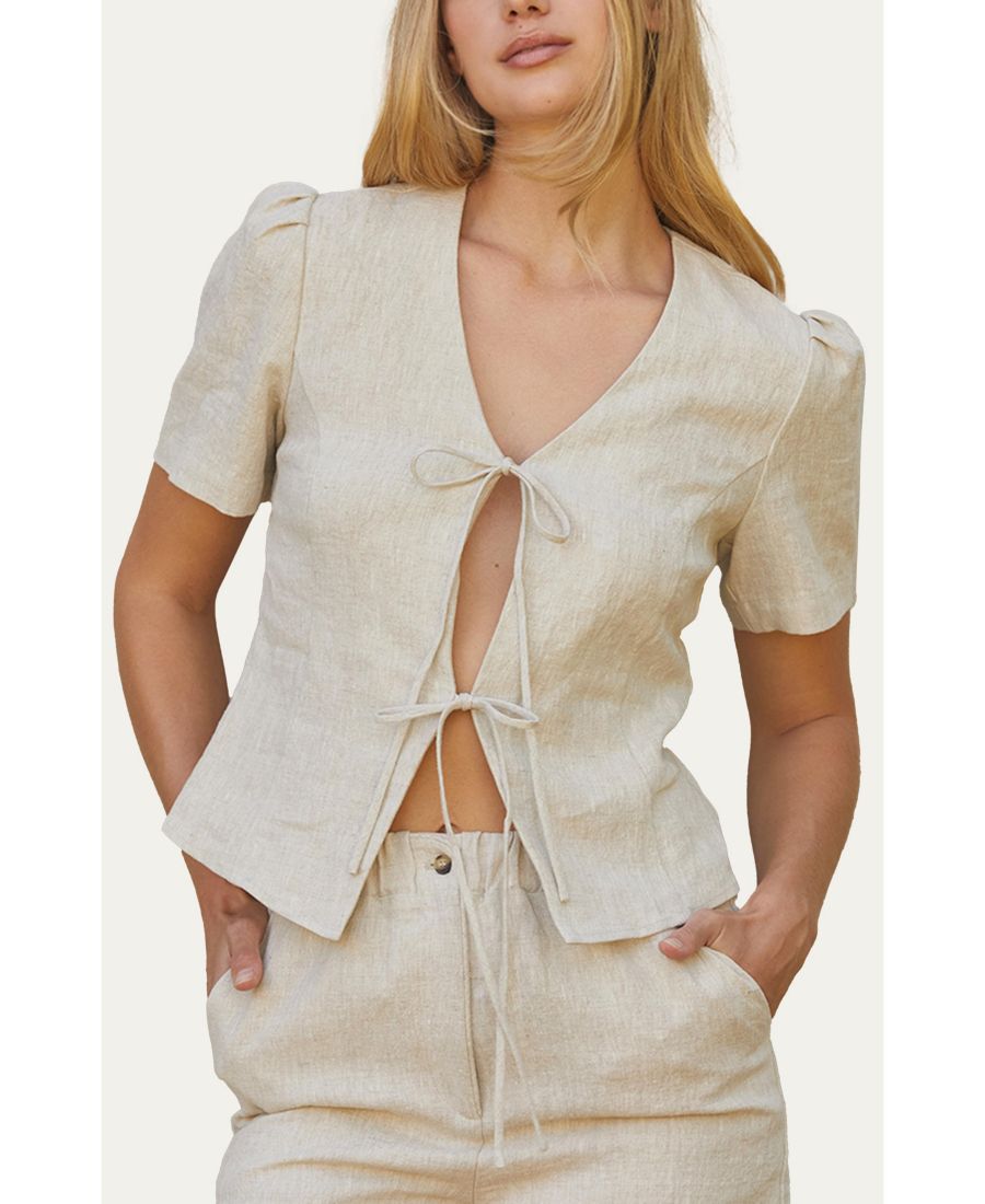

Женская льняная блузка Gordina с завязками спереди CRESCENT, Beige/ khaki + oatmeal
