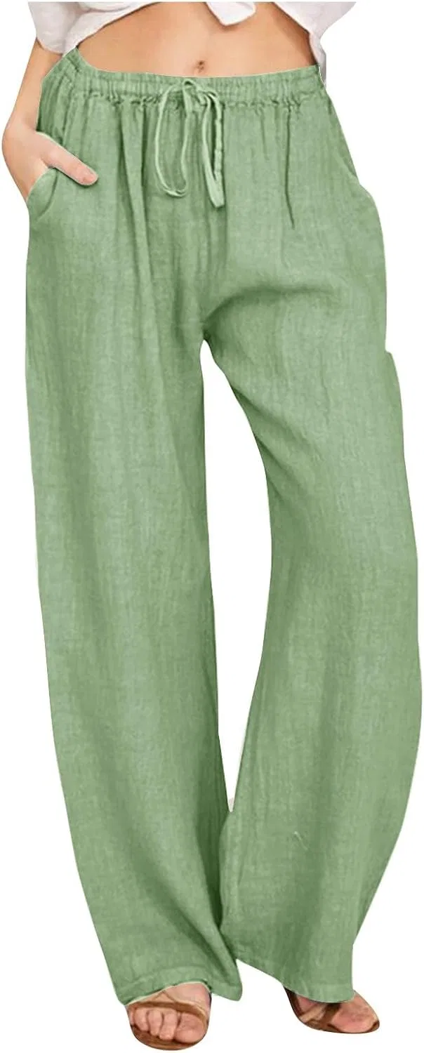 Штаны палаццо женские из хлопка и льна, на завязке, высокая талия, Green29