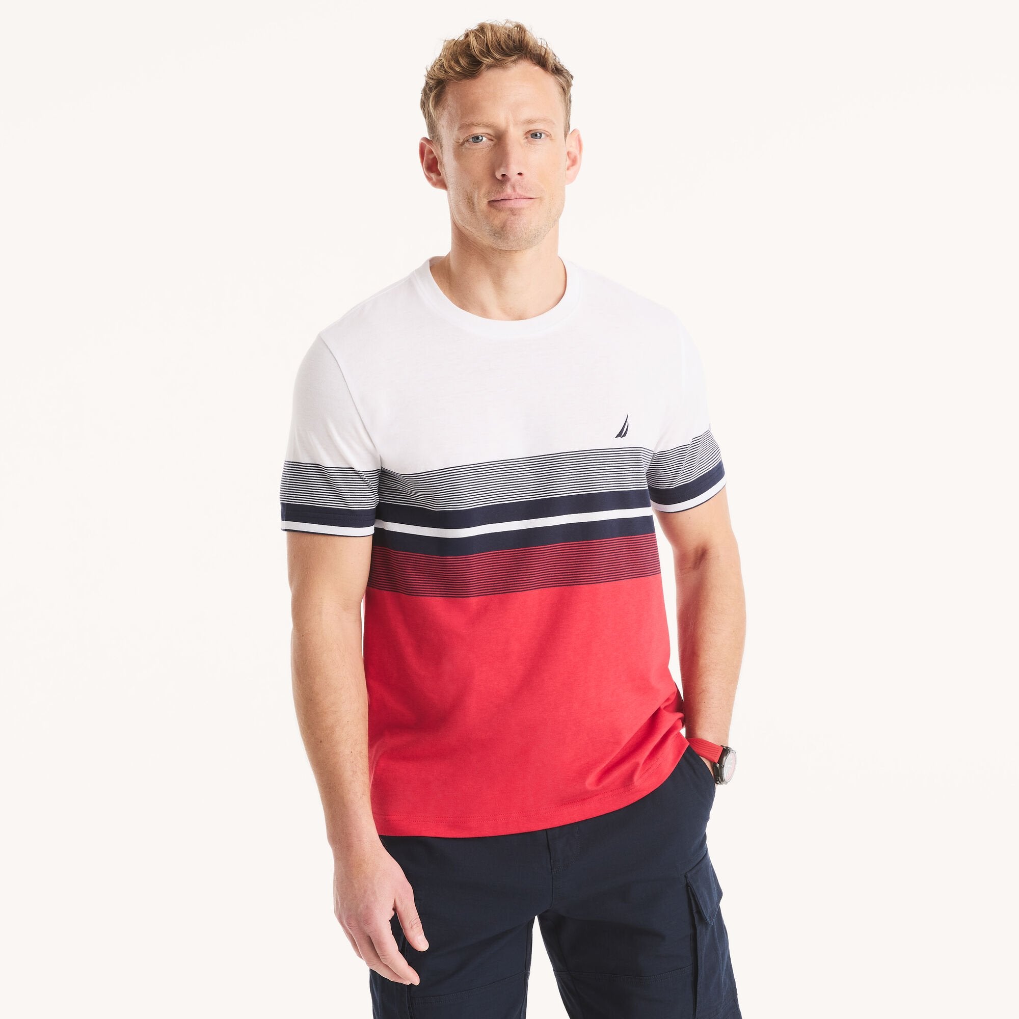 

Футболка мужская полосатая с круглым вырезом Nautica, цвет bright white