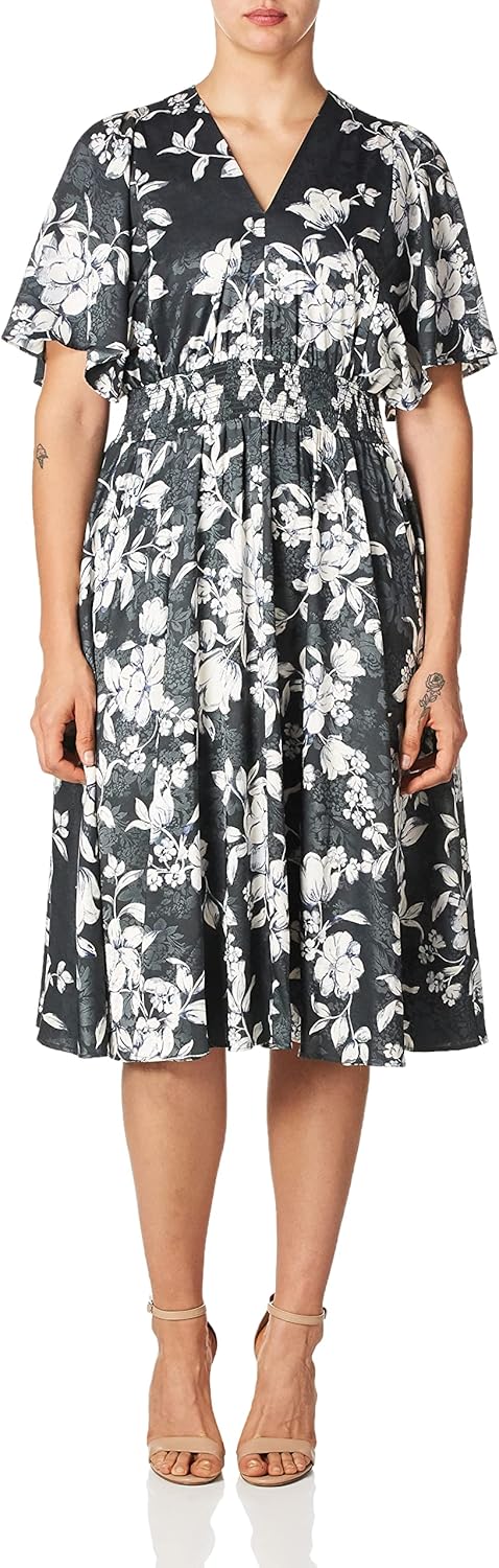 

Женское платье миди Calvin Klein с короткими рукавами и присборенной талией, Charcoal Multi