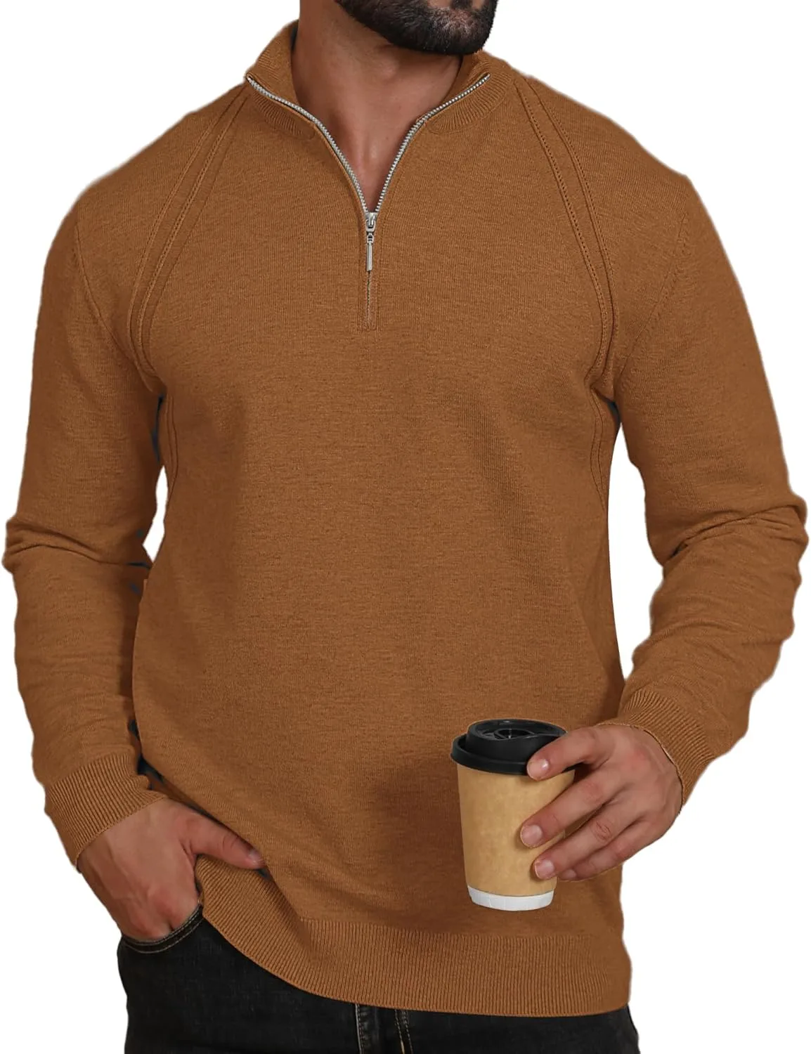 

Мужской вязаный свитер с четвертью молнией и длинными рукавами UNQPJUS