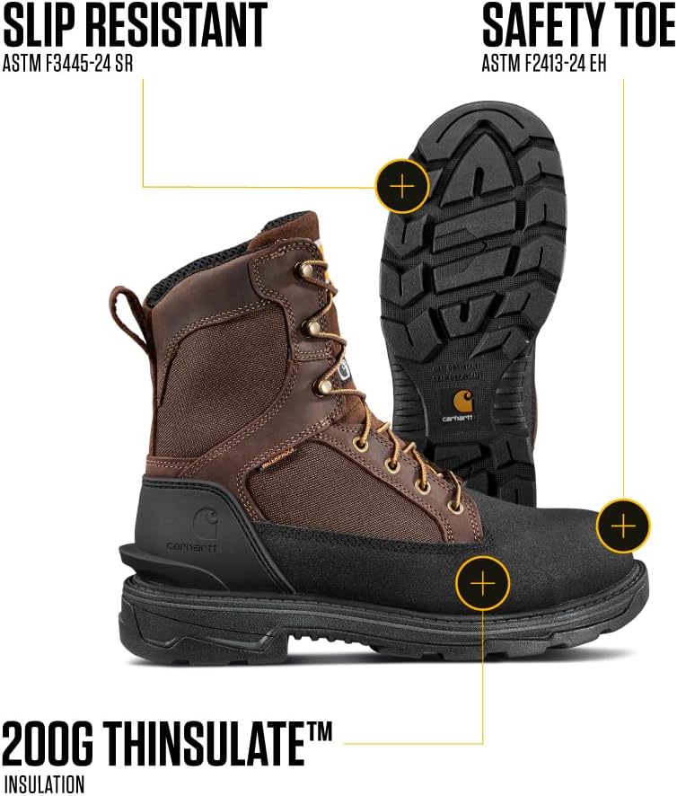 Мужские ботинки Carhartt Ironwood с водонепроницаемой и утепленной защитной ноской - 20 см усиленный кожаный верх и ткань Carstrong, с противоскользящей подошвой, черный/коричневый — фото 3