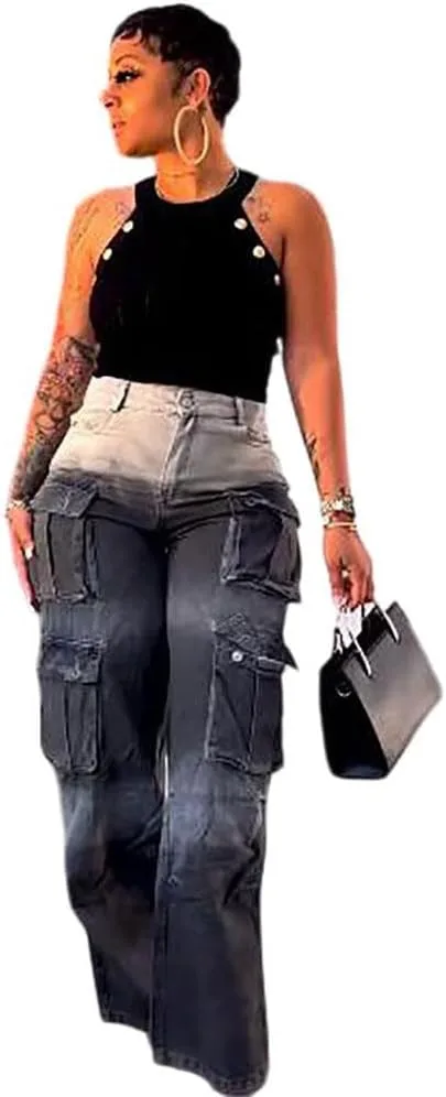 

Женские рабочие джинсы Y2k с высокой талией и широкими штанинами, градиент серый MIAOMIAOWU