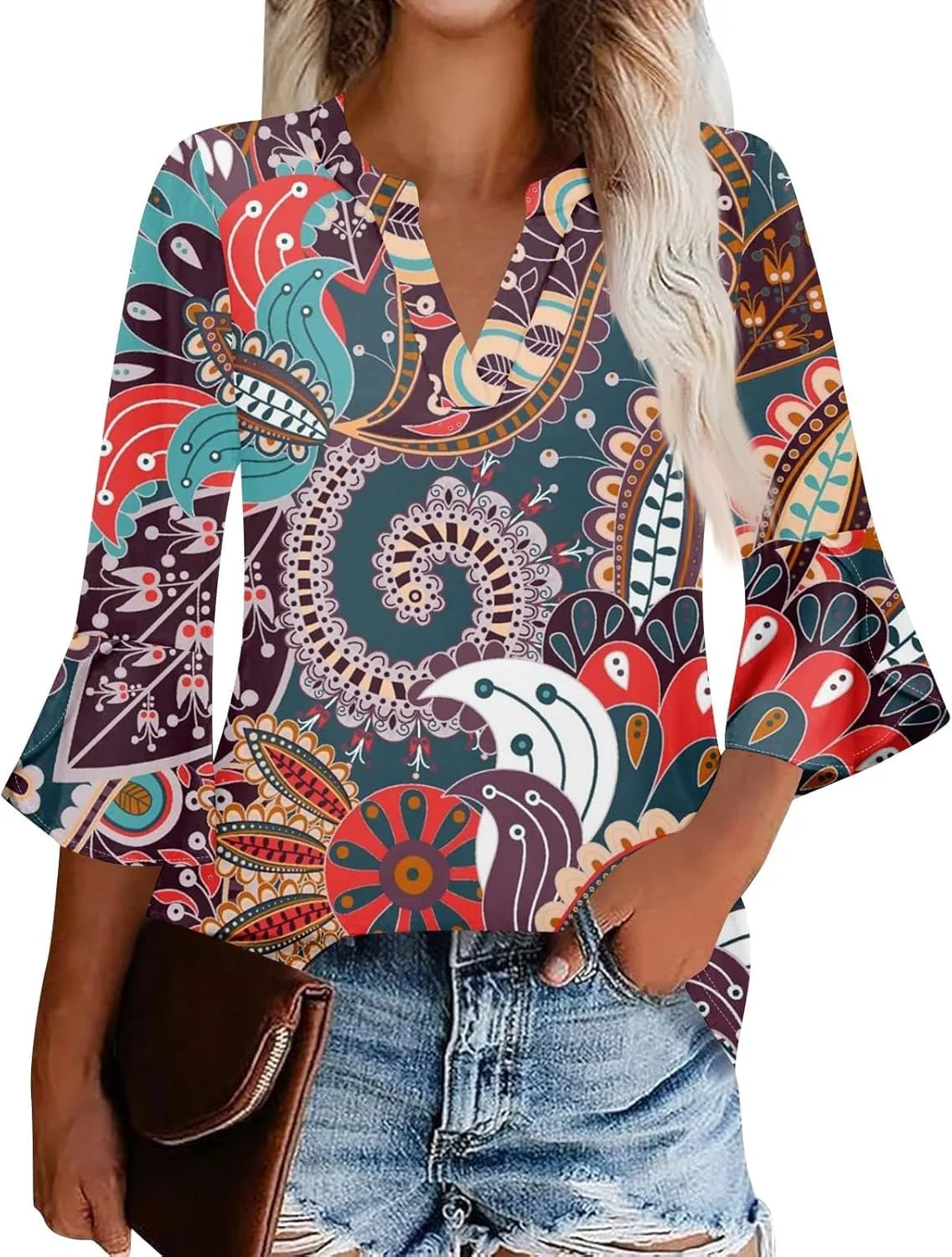 

Женская блузка с V-образным вырезом и рукавом 3/4, цветочный принт