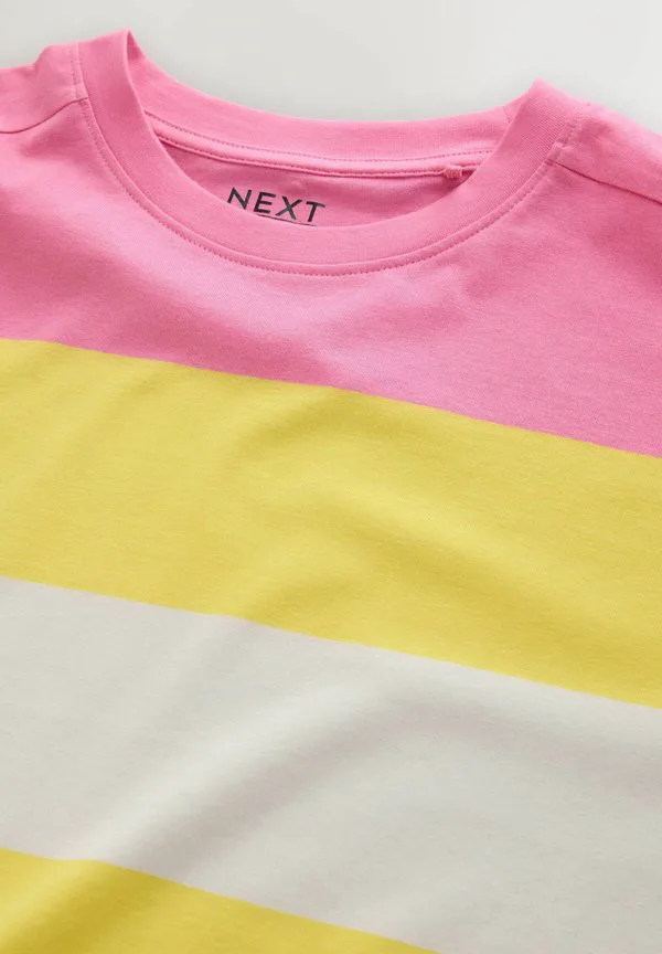 Свободная футболка свободного кроя с круглым вырезом и длиной до локтя. Next, Yellow/Pink Stripe — фото 4