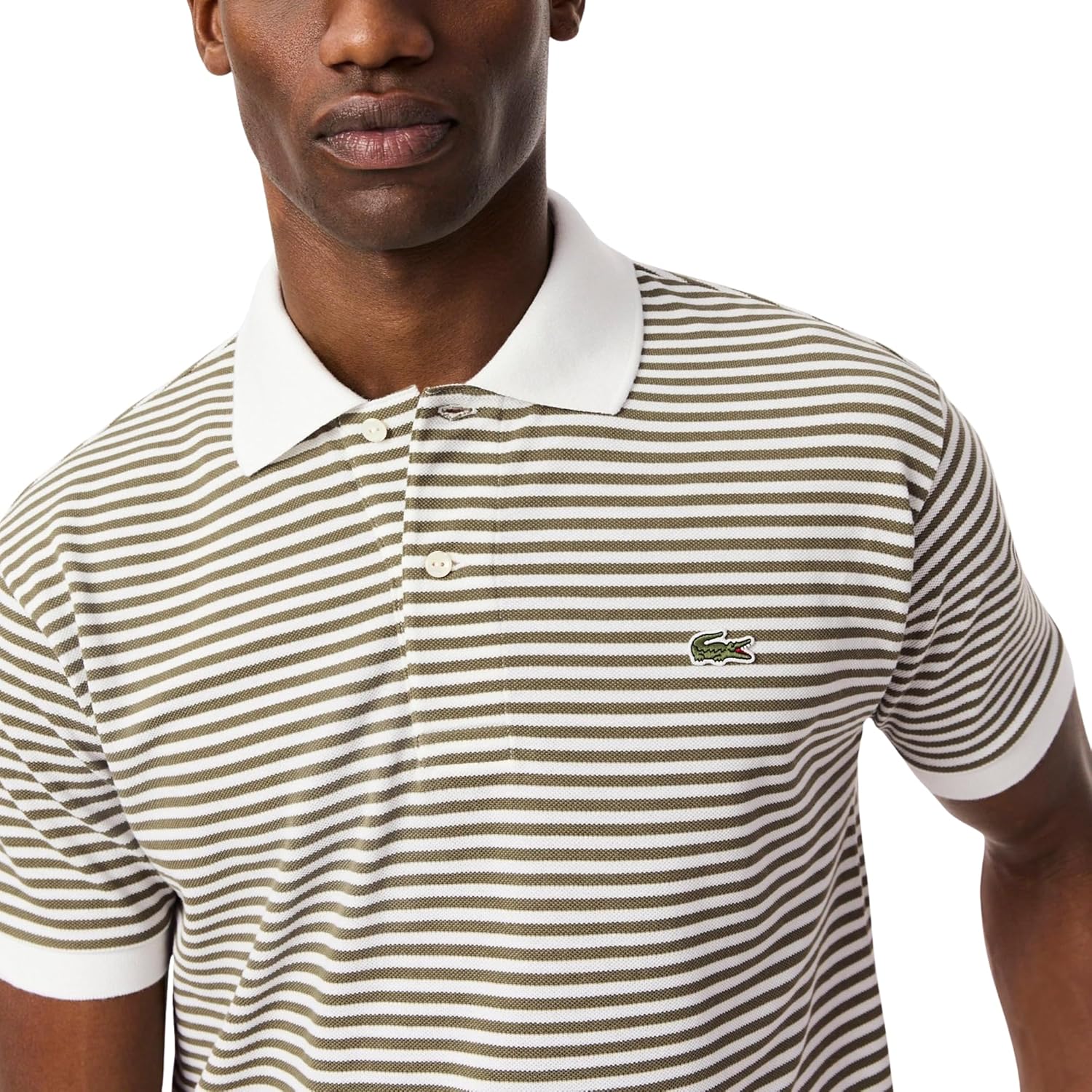 Lacoste мужская классическая футболка-поло L.12.12 в полоску petit piqué, White/Olive — фото 2