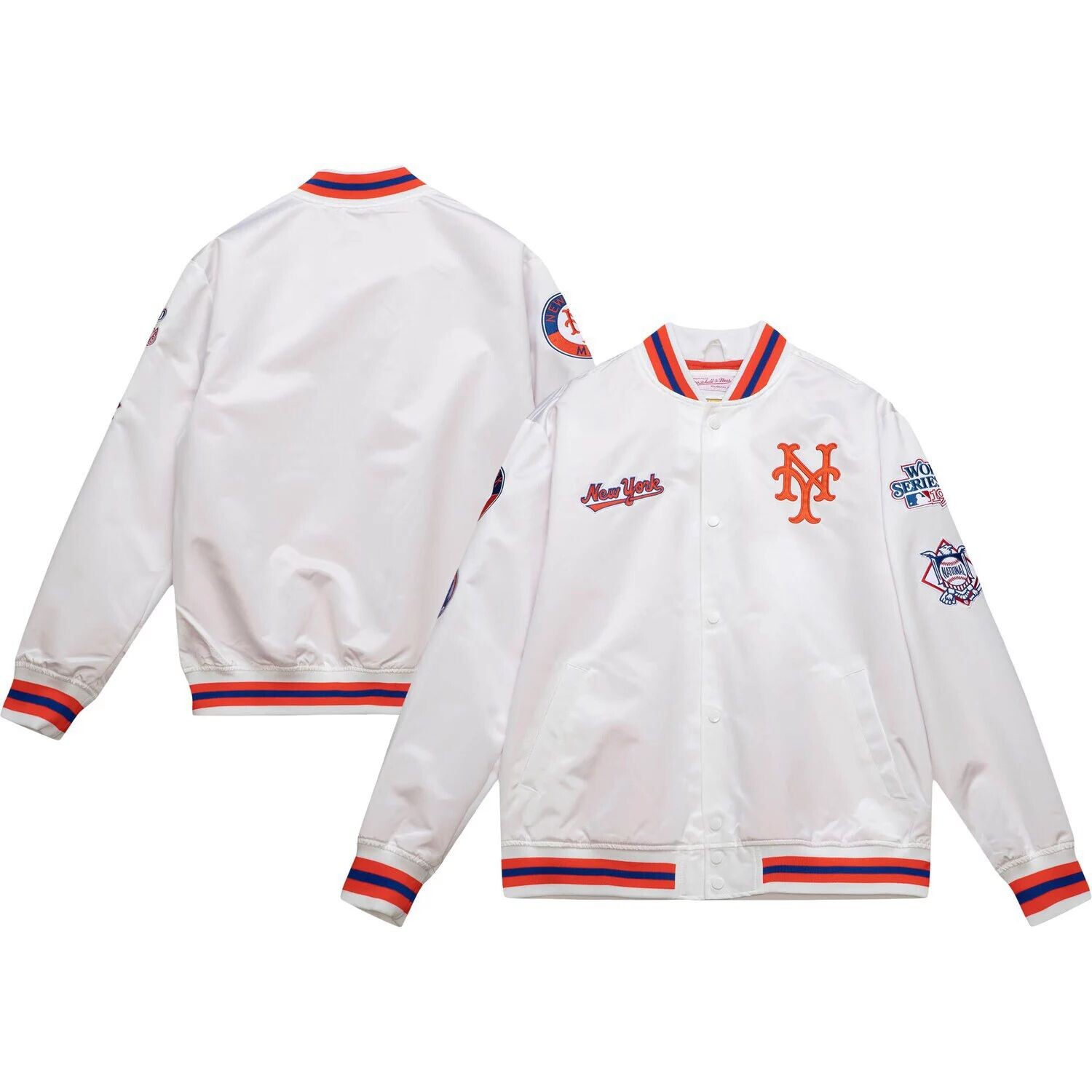 

Мужская белая атласная университетская куртка с длинными кнопками Mitchell & Ness New York Mets City Collection, Белый, Мужская белая атласная университетская куртка с длинными кнопками Mitchell & Ness New York Mets City Collection
