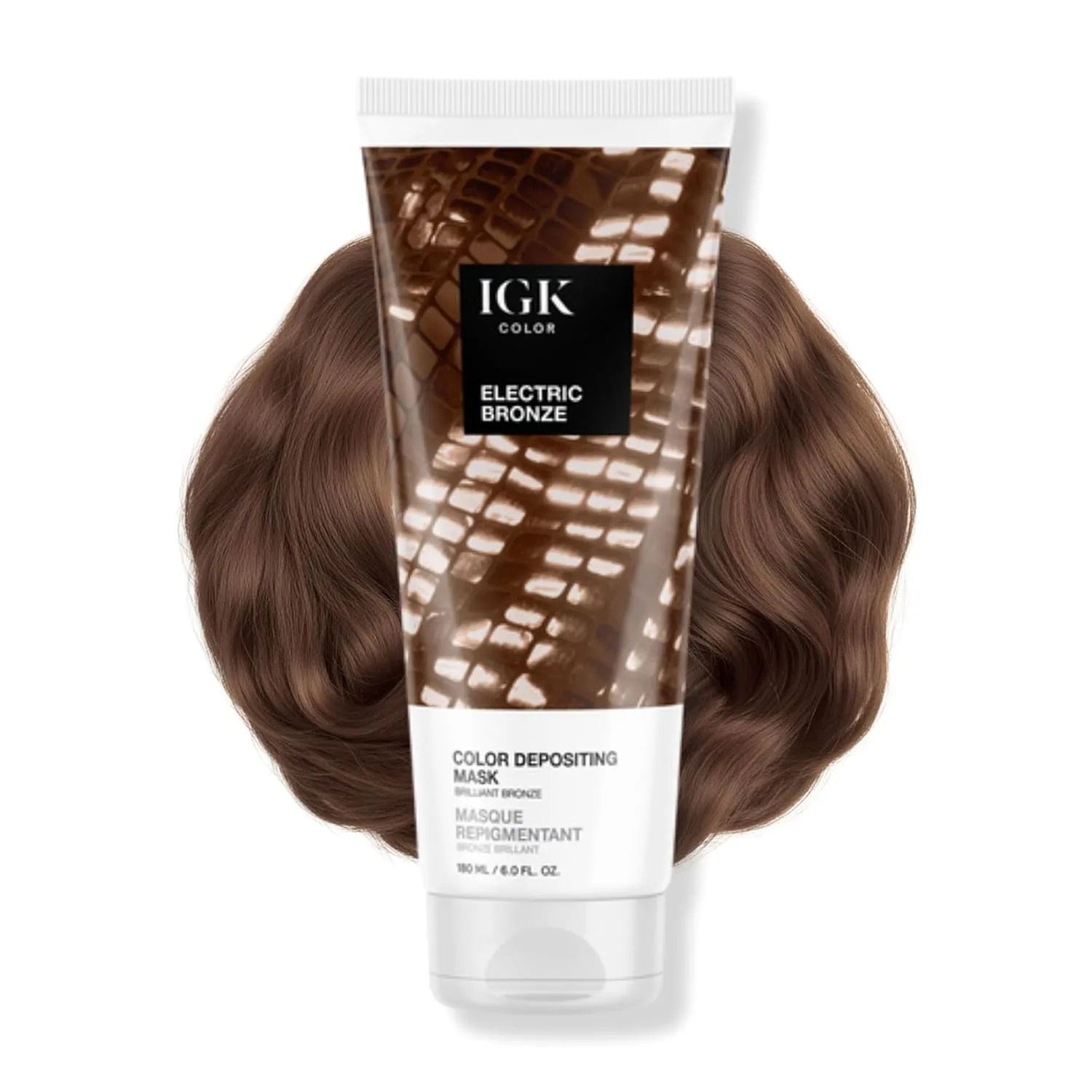 IGK Electric Bronze Color Depositing Hair Mask, Brilliant Bronze Semi Permanent Color Con + Gloss Toner, увлажняющая формула для блеска и обновления цвета, Vegan + Cruelty Free, 170 г, Electric Bronze (Brilliant Bronze)