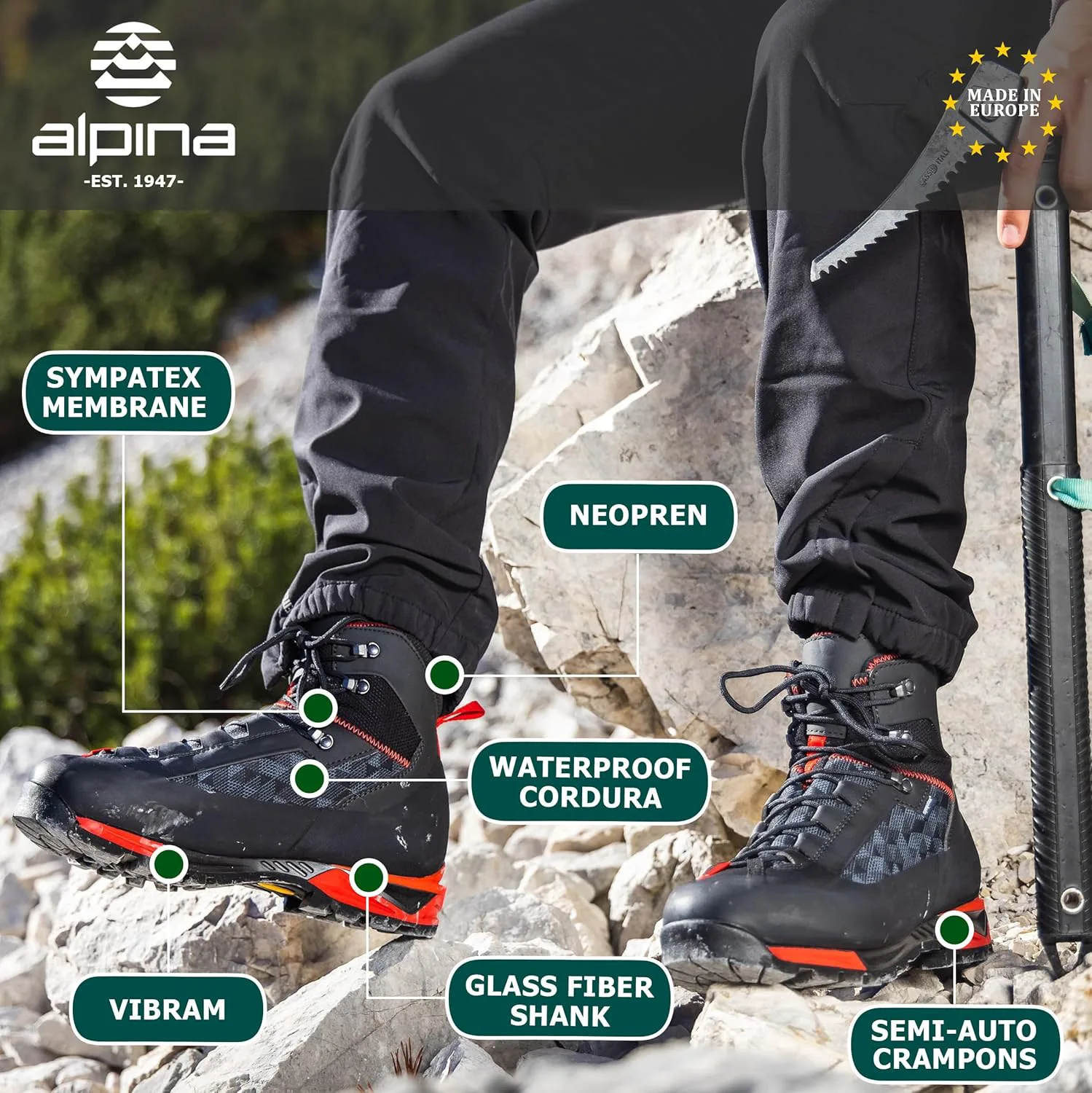 Ботинки для альпинизма и походов Alpina CARABINER | 8-дюймовые водонепроницаемые трекинговые и альпинистские ботинки | Дышащая мембрана Sympatex | Переменная посадка VCP | Неопреновый воротник | Сцепление для любой погоды | Сделано в Европе, чер... — фото 3