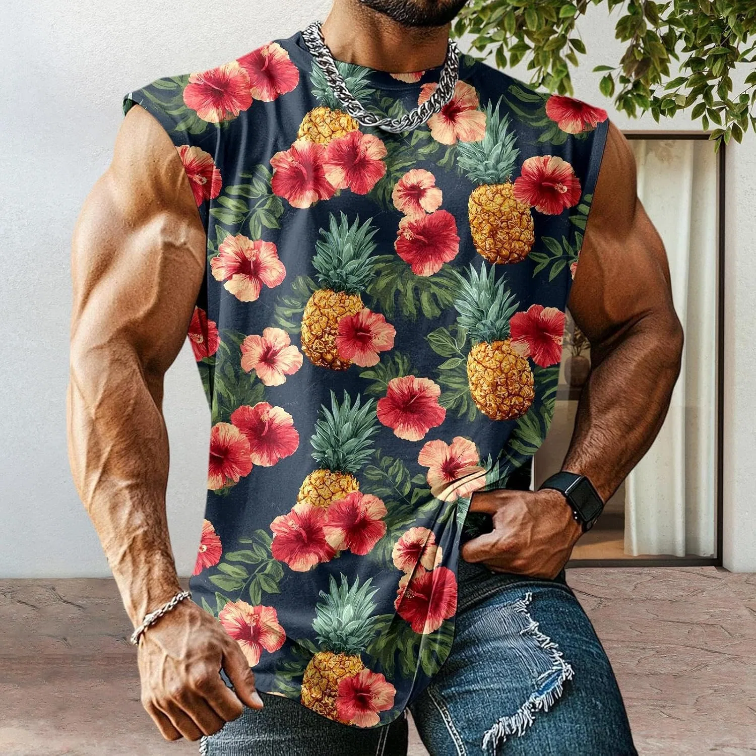 Мужской топ-безрукавка с тропическим принтом, Polyester/Spandex, Red Hibiscus — фото 2