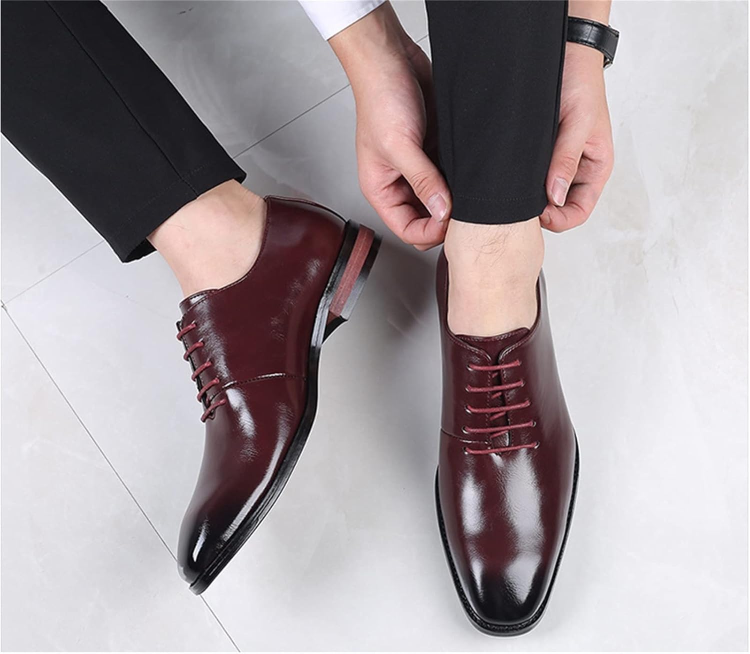 Мужские оксфорды со шнуровкой, черные с круглыми носками, полированная искусственная кожа, низкие, стойкие к скольжению, для свадьбы Xjsdjhount — фото 4