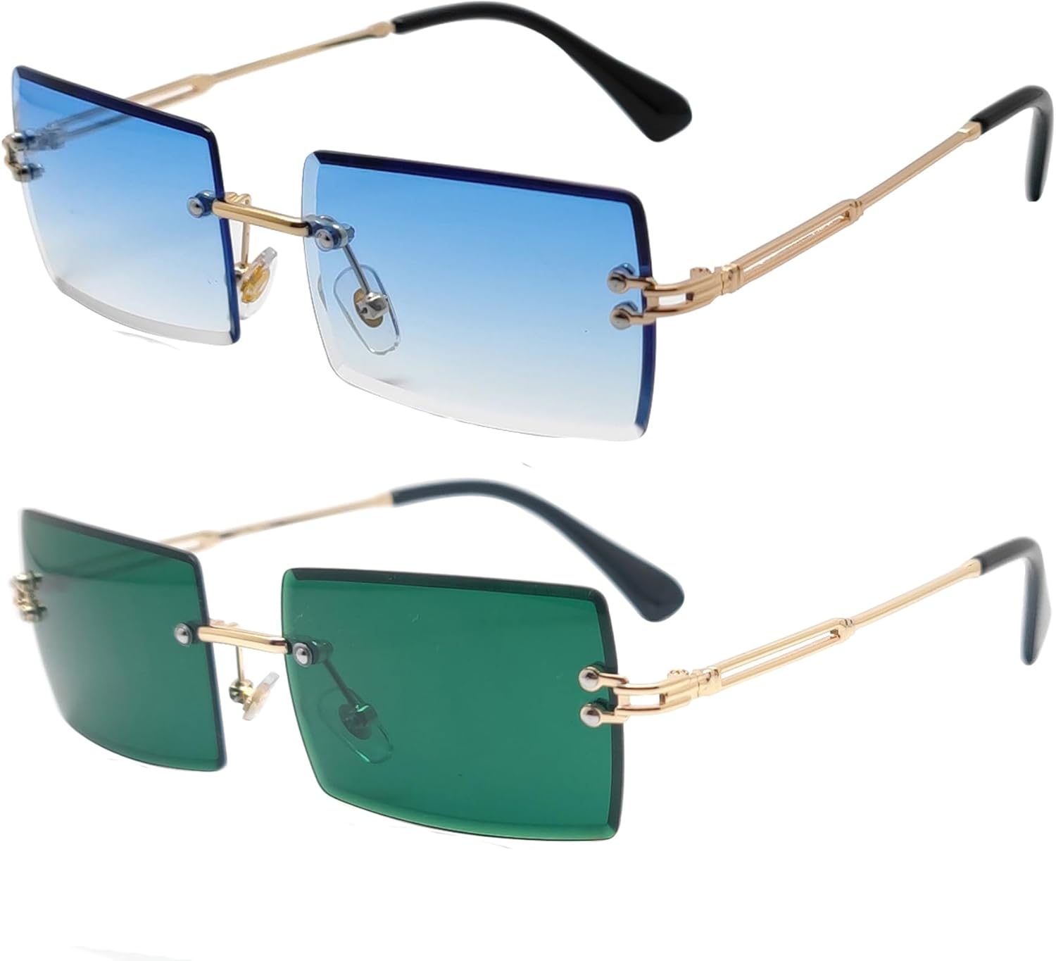 

Прямоугольные солнцезащитные очки для женщин и мужчин, модные ретро-очки без оправы с тонированными линзами, стильные солнцезащитные очки 2025 года Mriendao, 2pc Blue+dark Green