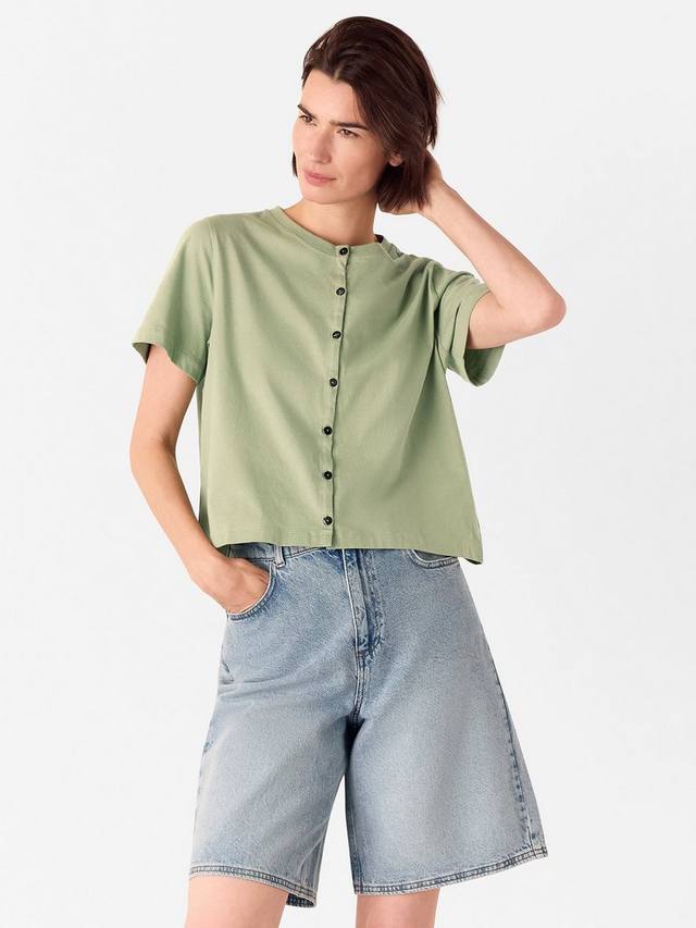 

Футболка с круглым вырезом и пуговицами из хлопка Whistles, Sage Green