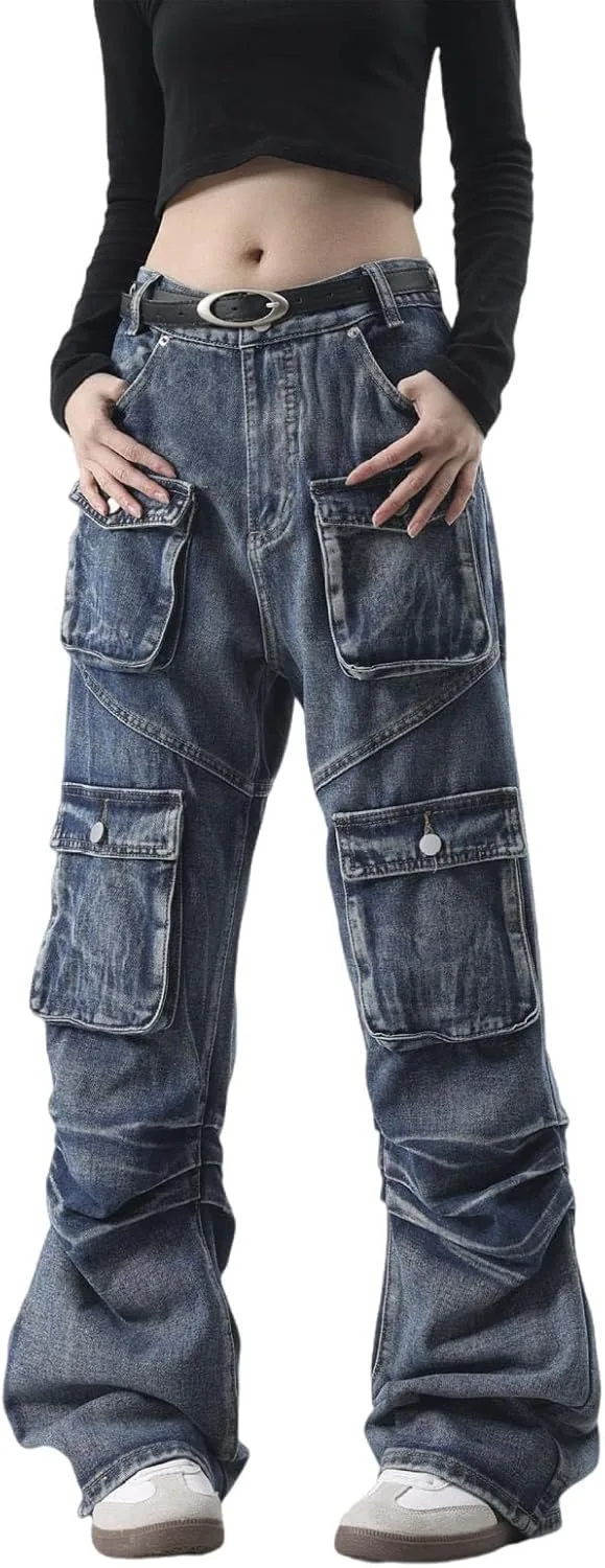 

Джинсы Y2K с эффектом потертости и множеством карманов FEUSEUZ