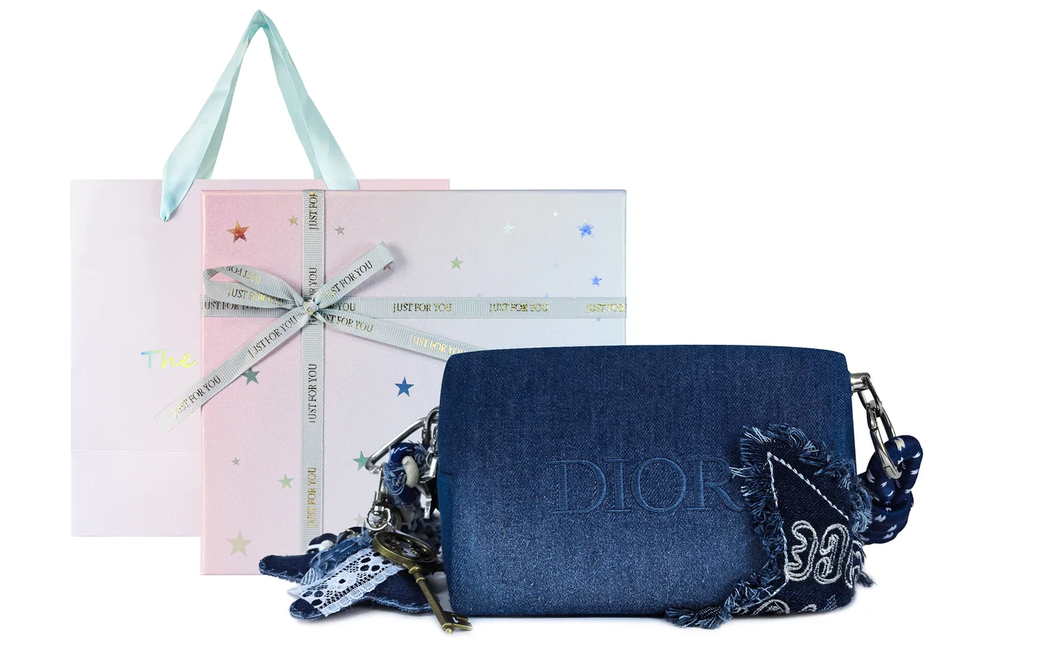 DIOR [Индивидуальная косметичка] Цветочный принт, деним, винтажный стиль, синяя сумка через плечо с эффектом потертости — фото 2