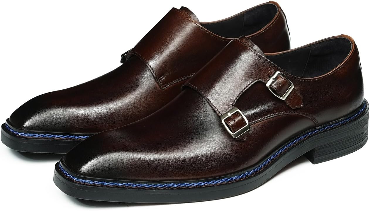 

Мужские лоферы Santimon без шнурков - туфли, удобные повседневные мокасины из натуральной кожи с двойным ремешком-монком и синим акцентом, с амортизирующей стелькой для работы и свадеб