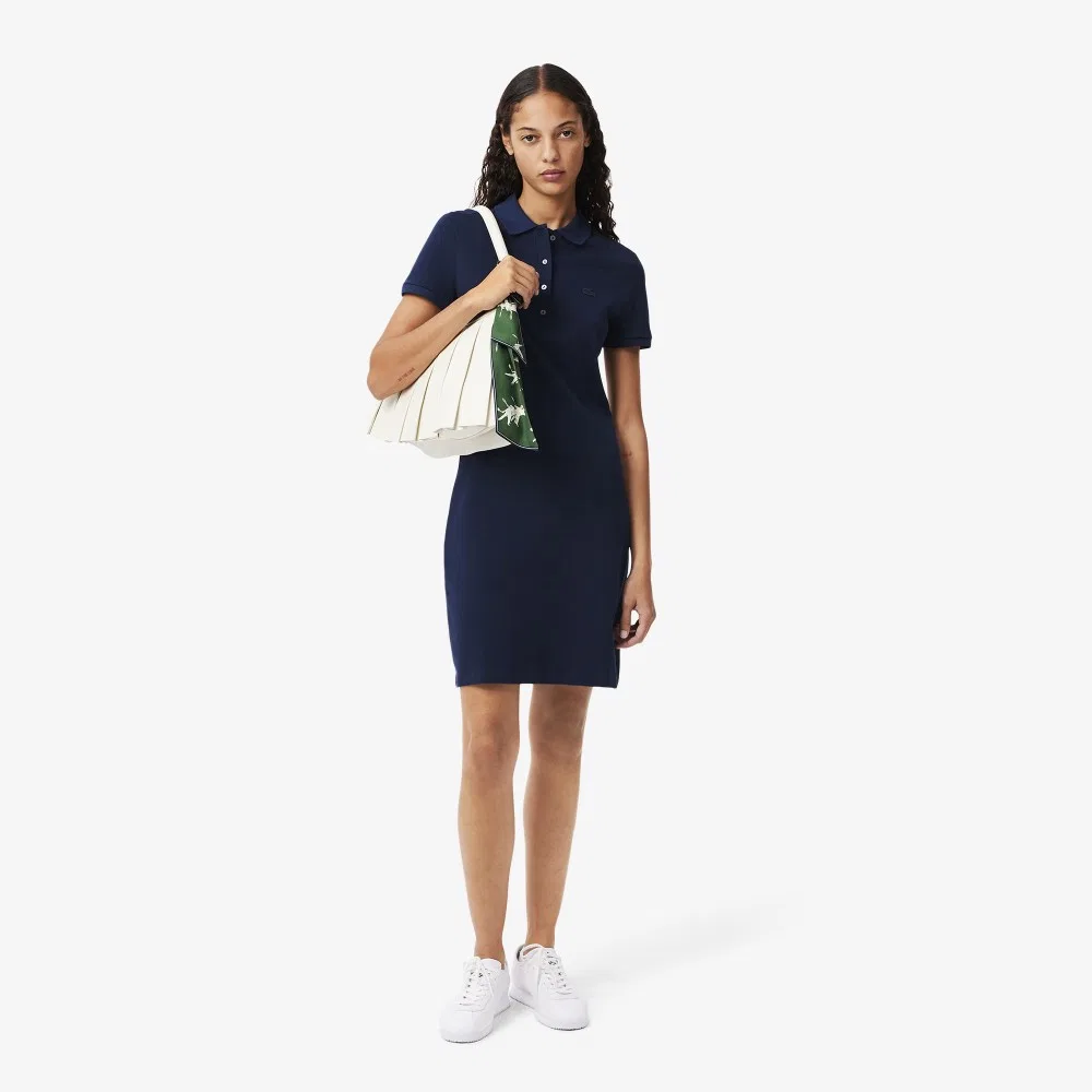 Женское облегающее мини-платье-поло из пике тёмно-синего цвета от Lacoste