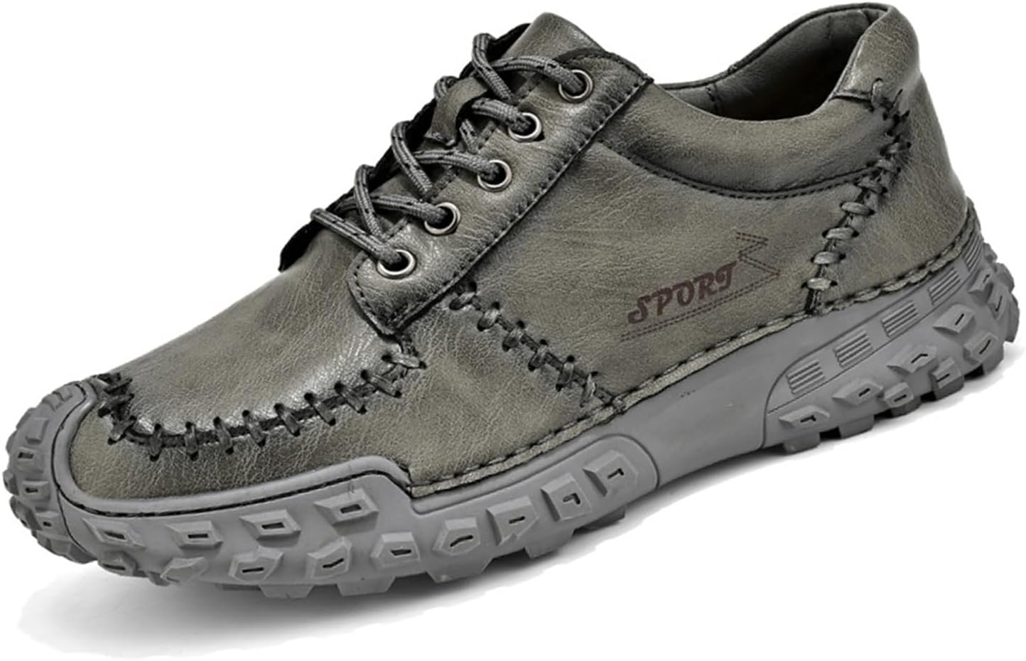 

Мужские кожаные туфли с ручной прошивкой, противоскользящие походные ботинки, удобные шнурки и модель без шнурков с рифленой подошвой, легкая обувь для повседневной носки на улице, для прогулок и вождения Etoryoox, серый