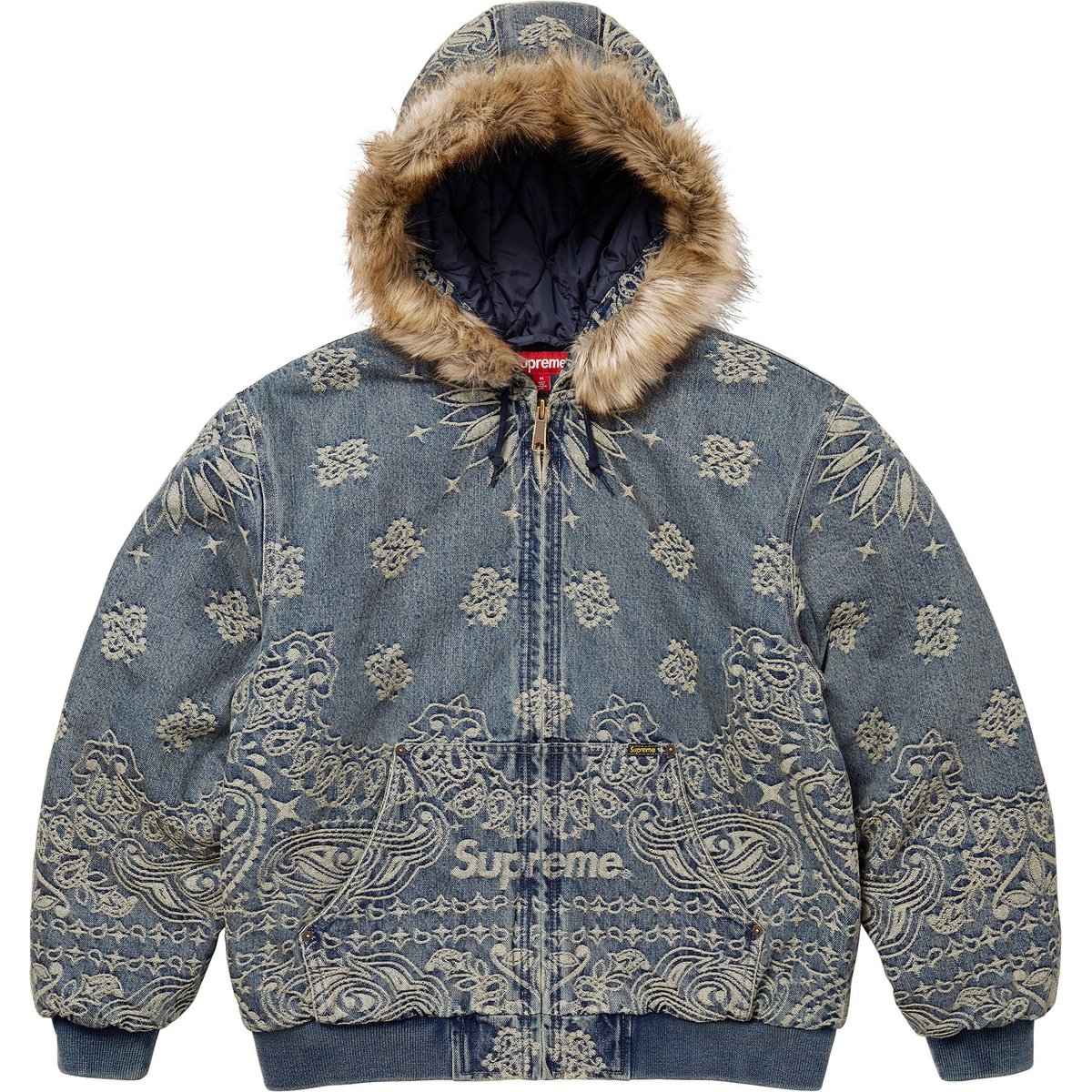 

Supreme Джинсовая рабочая куртка с капюшоном и банданой из жаккарда, Blue
