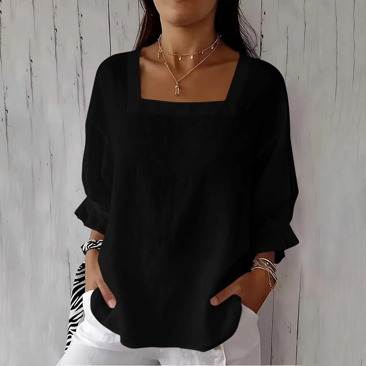 Футболка женская из хлопка и льна, свободный крой, Black-1 — фото 3