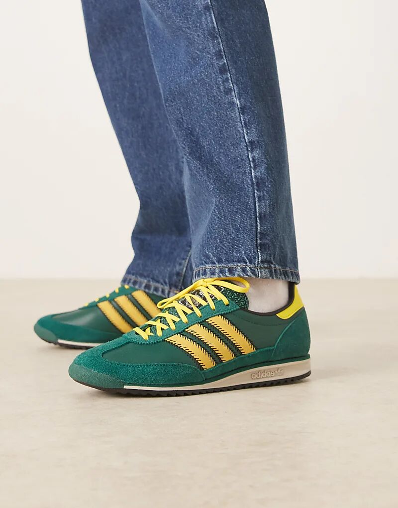 Кроссовки Adidas Originals SL 72 OG темно-зеленого и желтого цветов с декоративной строчкой