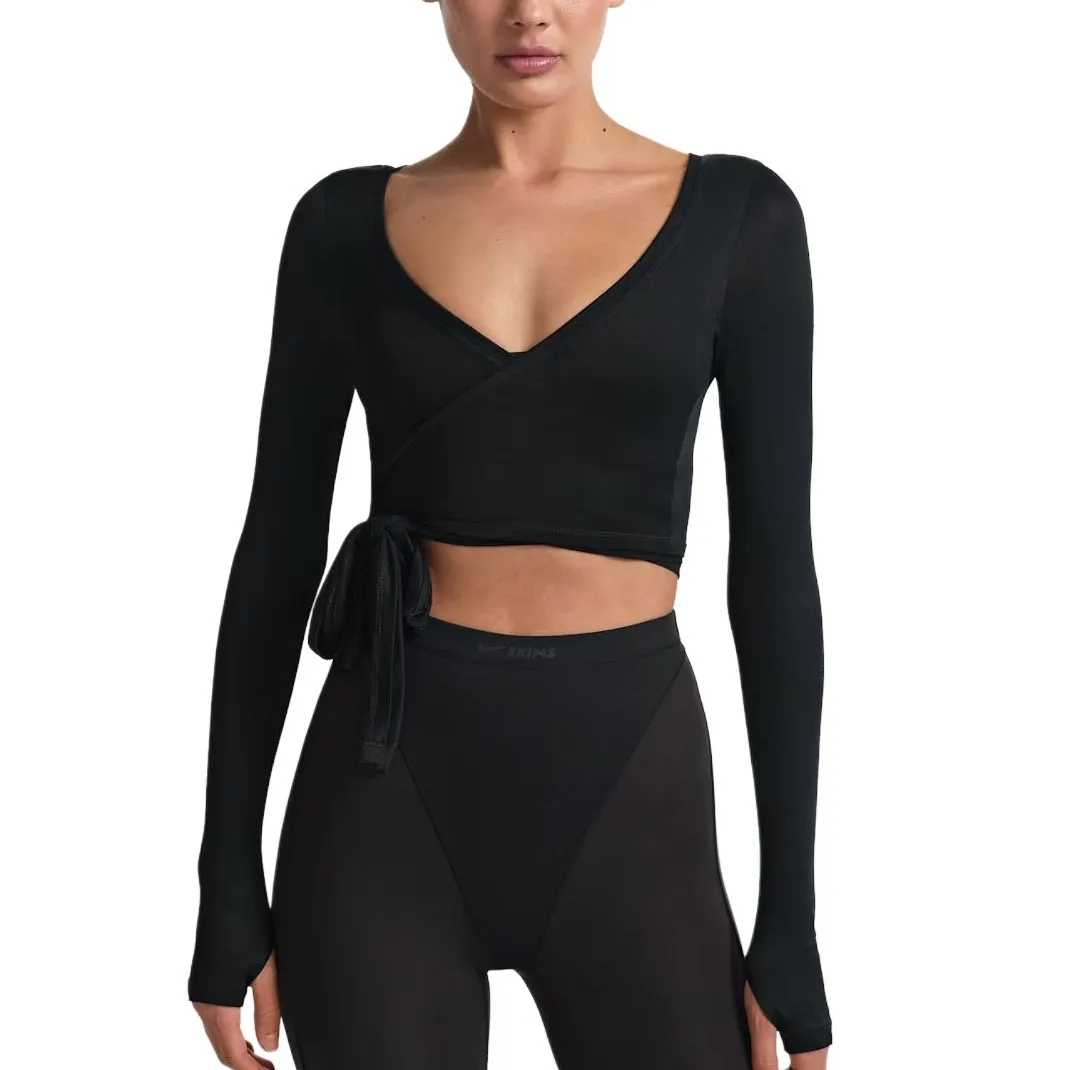 SKIMS Stretch Knit женский топ-блуза с длинными рукавами и запахом Nike, NSKM Obsidian