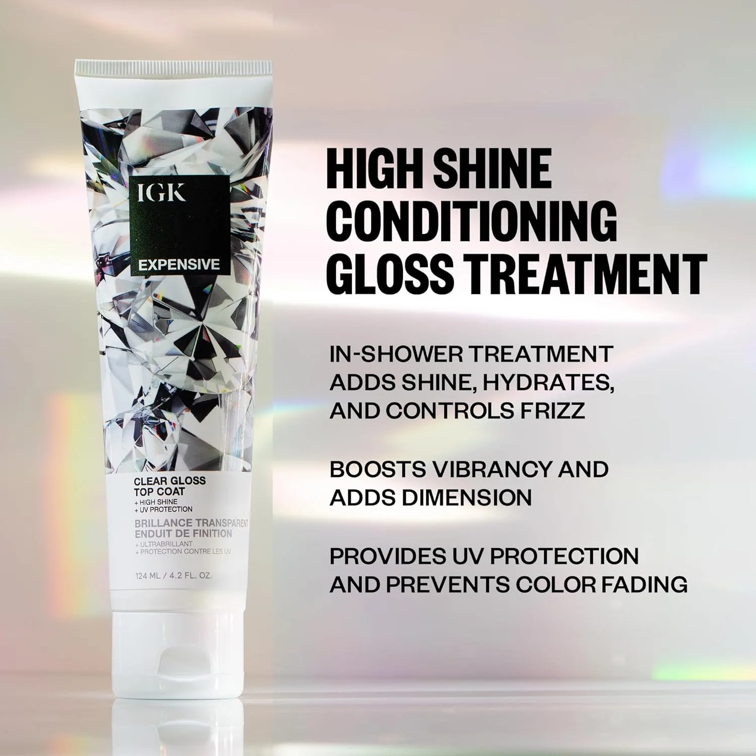 IGK EXPENSIVE Clear Gloss Top Coat | Высокоглянцевое средство для придания волосам мягкости и гладкости | Восстанавливает цвет окрашенных волос и помогает контролировать пушистость | 113 г 124 мл (1 шт.) — фото 3