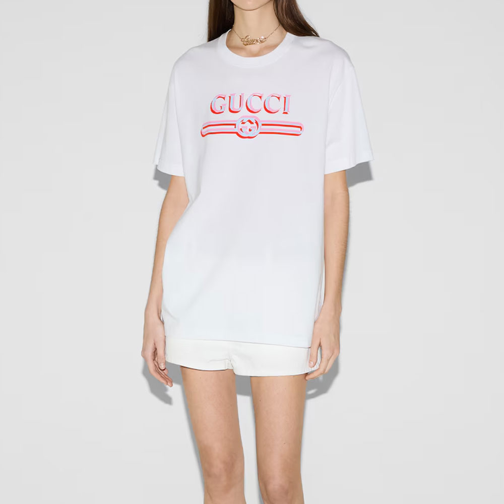 Футболка GUCCI с принтом логотипа, классический стиль, белый — фото 4