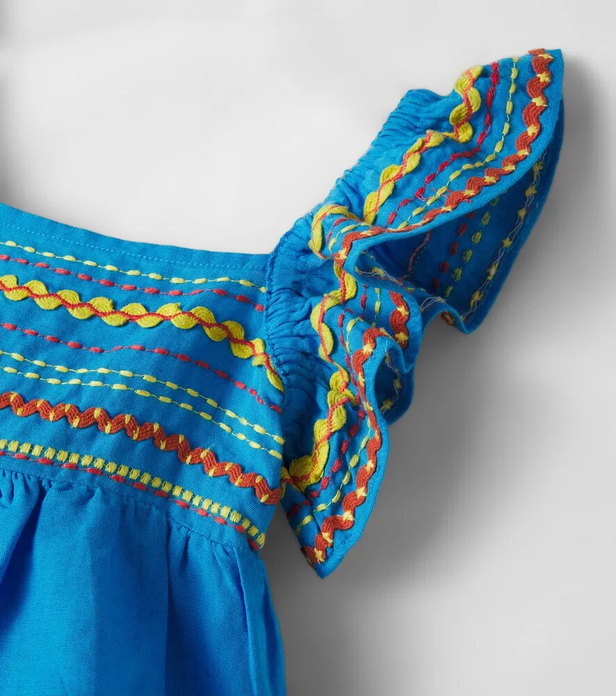 Вышитая присборенная льняная и хлопковая блузка Stella McCartney Kids, синий — фото 3