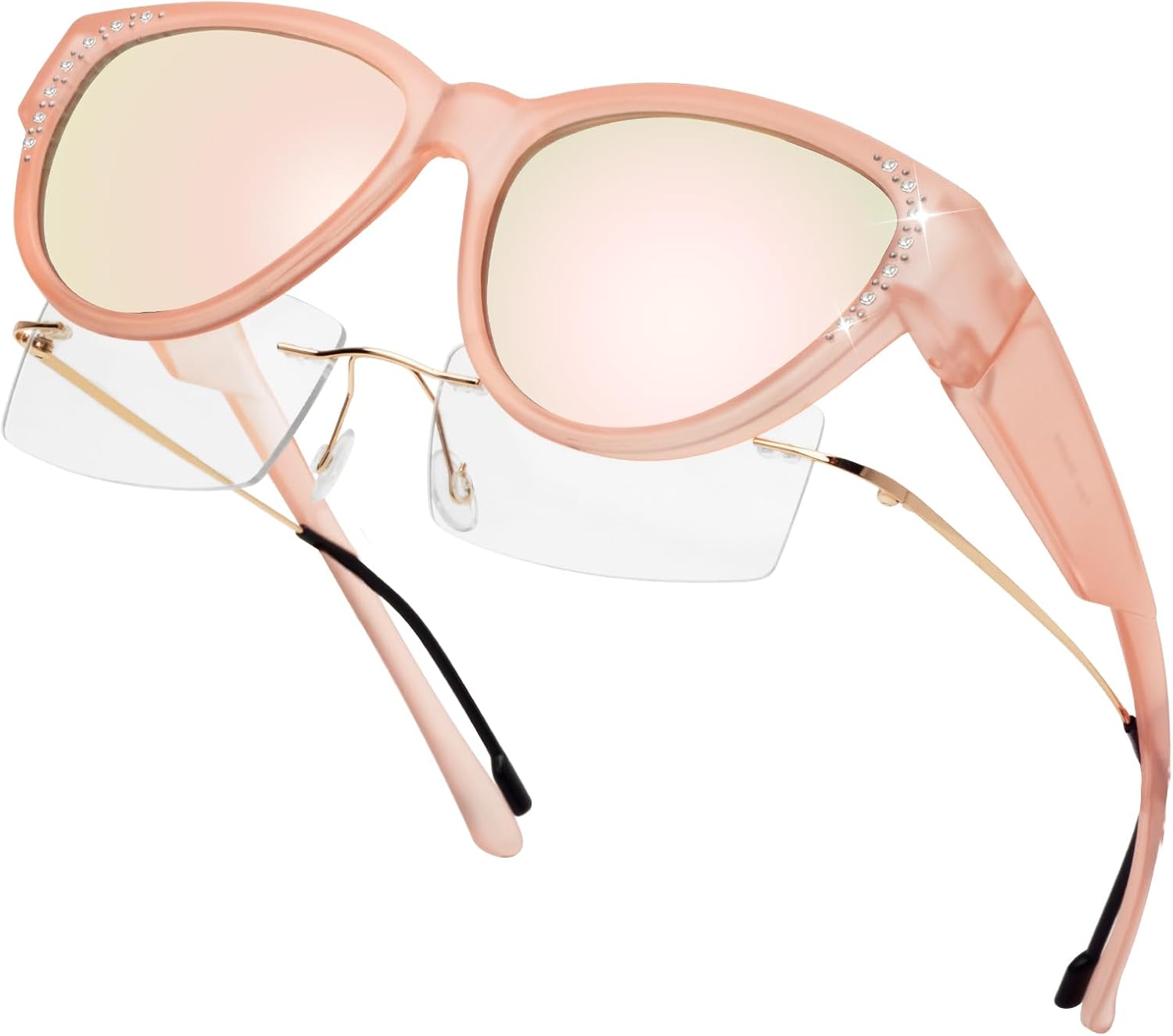 

Солнцезащитные очки с поляризованными линзами и стразами, надеваемые поверх обычных очков, легкие, с защитой от УФ-излучения UV400, для женщин Face Shadow, Pink Frame / Mirrored Pink Lens