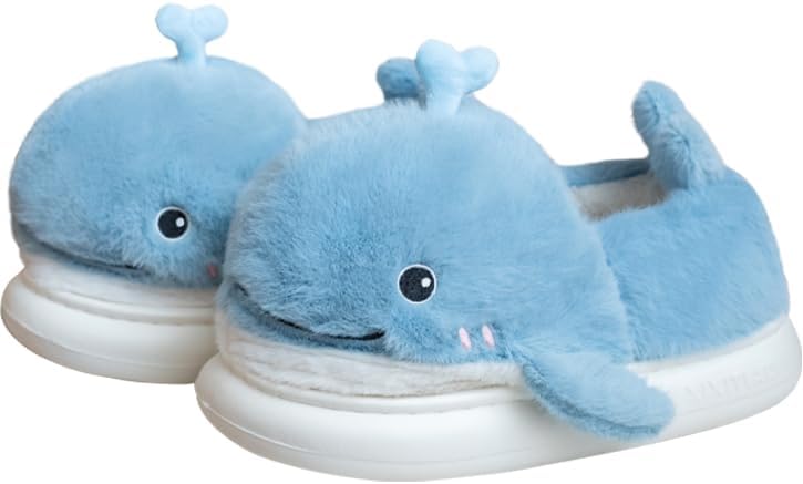 

XIXITIAO Мягкие тапочки с милыми животными, плюшевые мультяшные тапочки в виде кита, домашние пушистые тапки для женщин и мужчин, зимние теплые шлепанцы для дома, синий