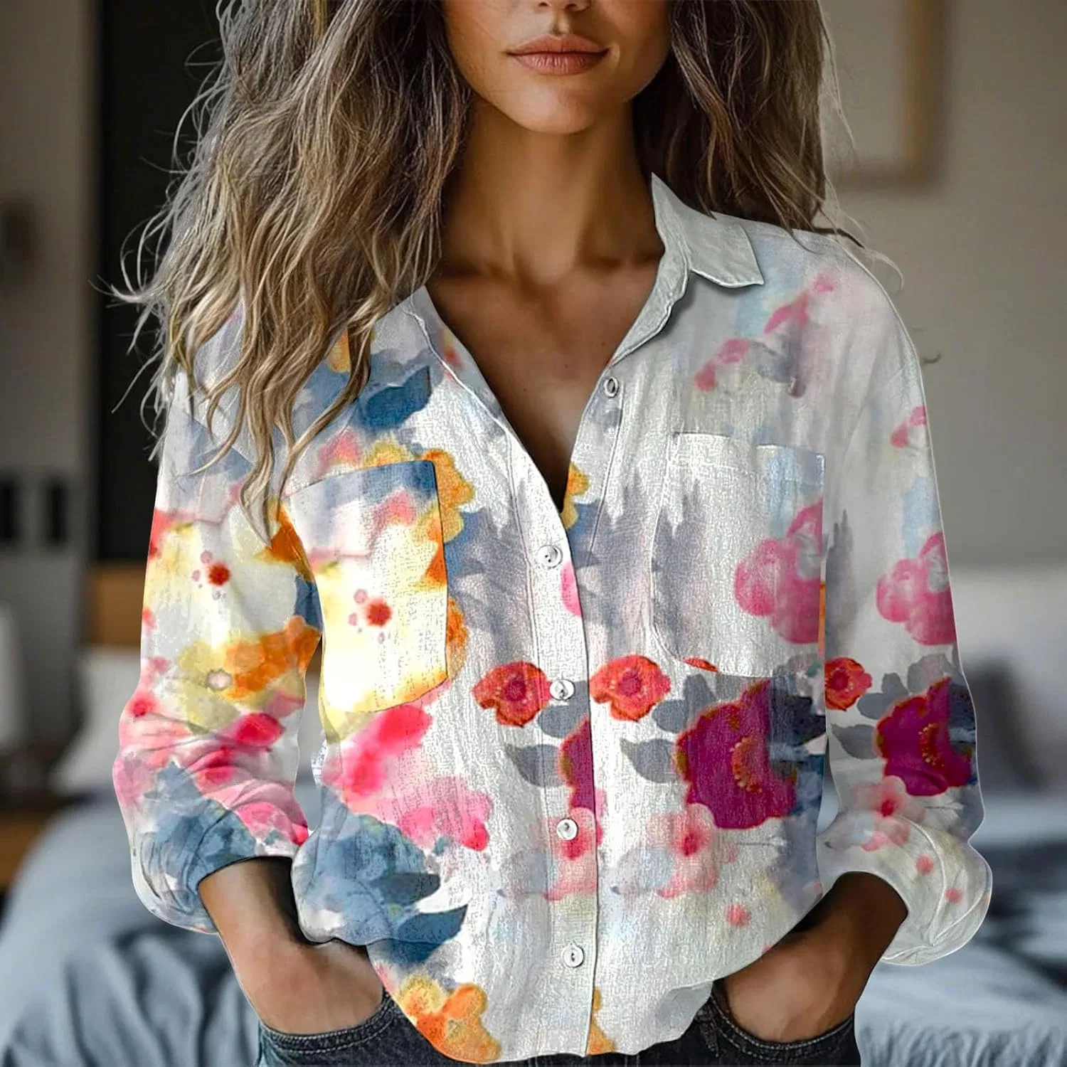 Блуза с цветочным принтом, женская, Oversize, белый — фото 4