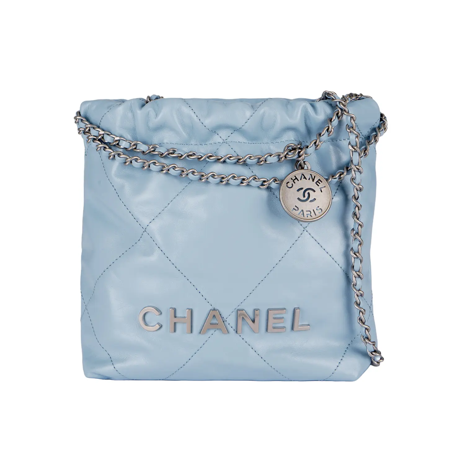 

CHANEL Сумка-ведро из яркой телячьей кожи Мини женская сумка через плечо кремово-голубого небесного оттенка