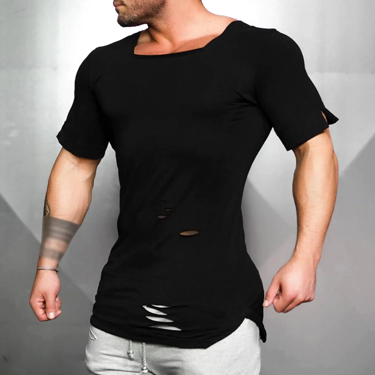 Футболка с круглым подолом и прорезями Casual Hipster Crewneck Slim Fit с коротким рукавом — фото 2