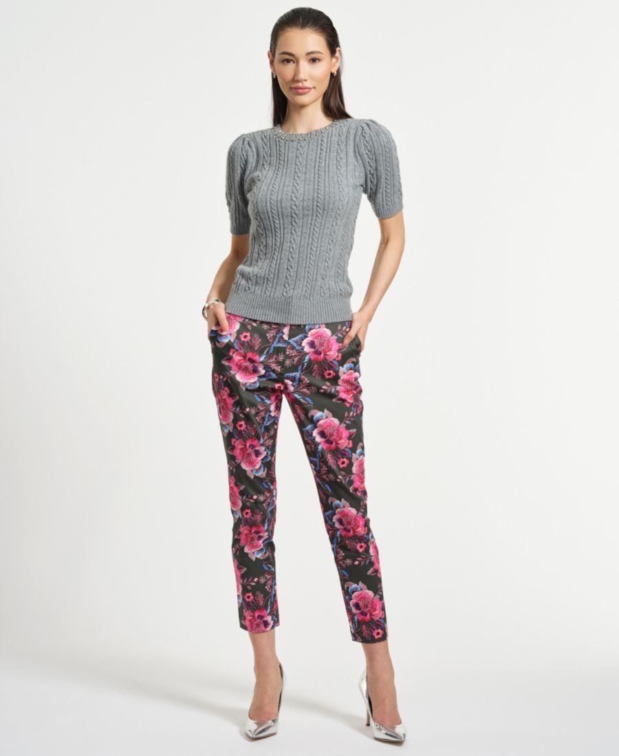 

Женский свитер с круглым вырезом и короткими рукавами, украшенный стразами Isaac Mizrahi, Heather Grey