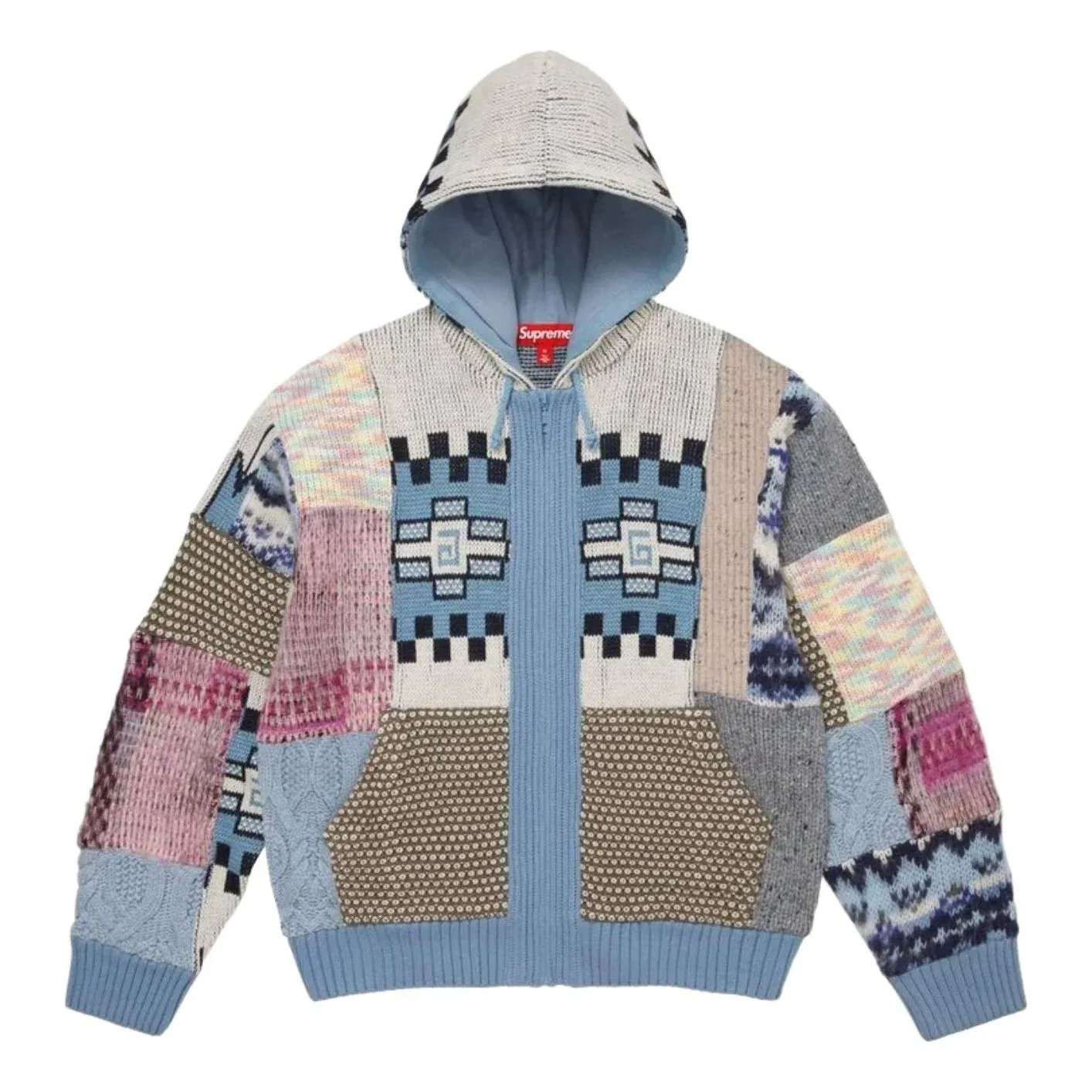 Свитер Supreme SS26 на молнии с капюшоном и лоскутным узором, светло-голубой, SUP-SS26-261-BLU