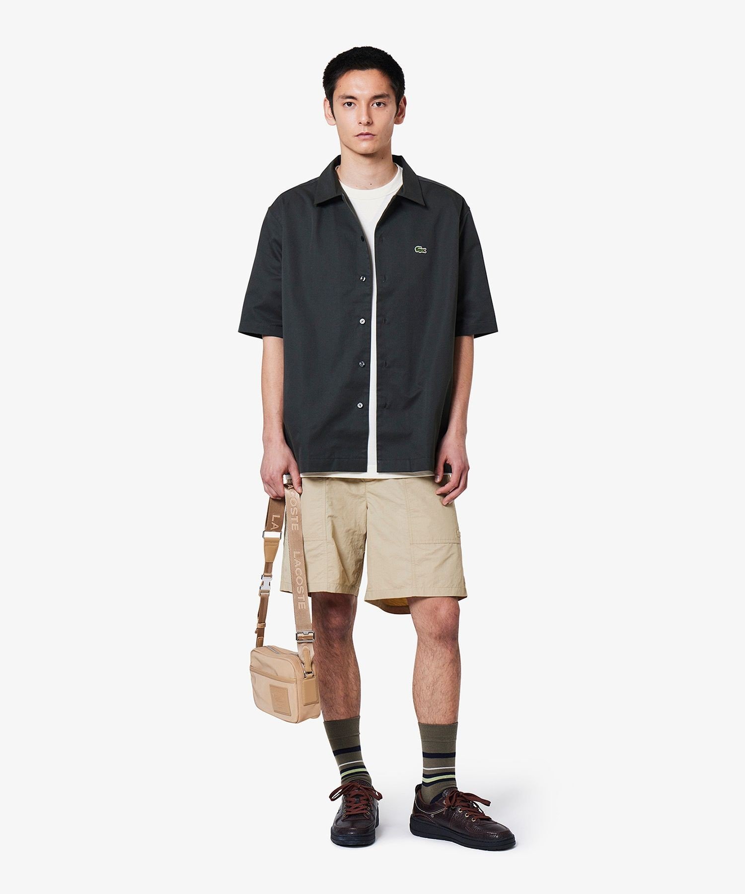 Рубашка с открытым воротником из смесовой шелковой ткани LACOSTE, Charcoal Gray