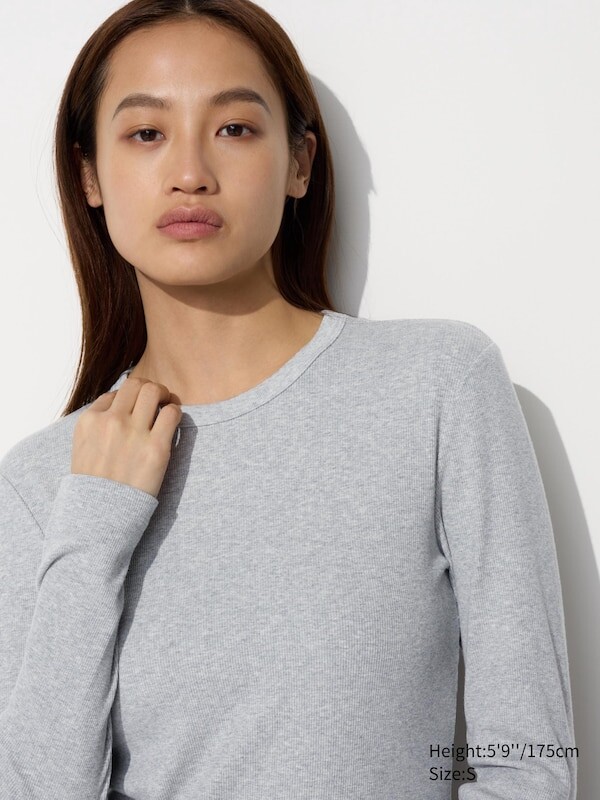 

Футболка с круглым вырезом из мягкой ткани в рубчик длинный рукав Uniqlo, серый