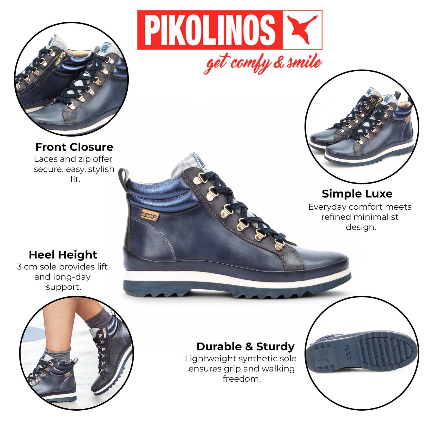 Pikolinos Женские синие кожаные ботинки-трейнеры на щиколотку - Vigo — фото 2