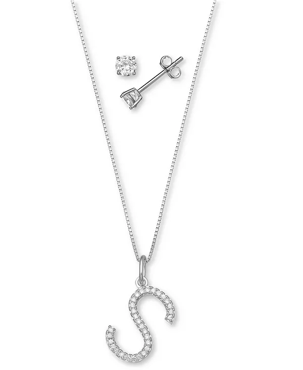 

Комплект из двух кулонов с инициалами из кубического циркония и серег-гвоздиков с солитером из стерлингового серебра, созданный для Macy's. Giani Bernini, s