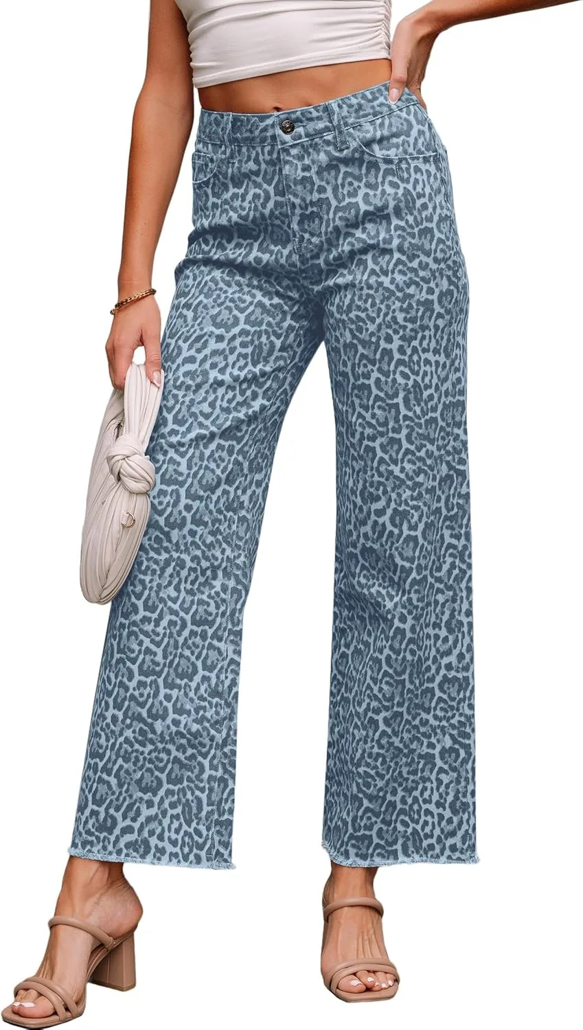 

Джинсы High Waisted для женщин Wide Leg с леопардовым принтом и Raw Hem Whrounnk