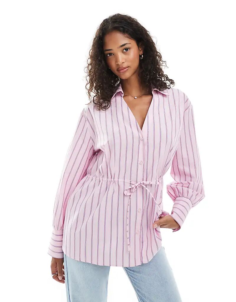 

Рубашка ASOS DESIGN с завязками на талии и розовыми полосками
