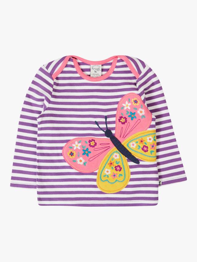 

Детская хлопковая футболка с длинными рукавами и аппликацией Frugi, Violet/Butterfly