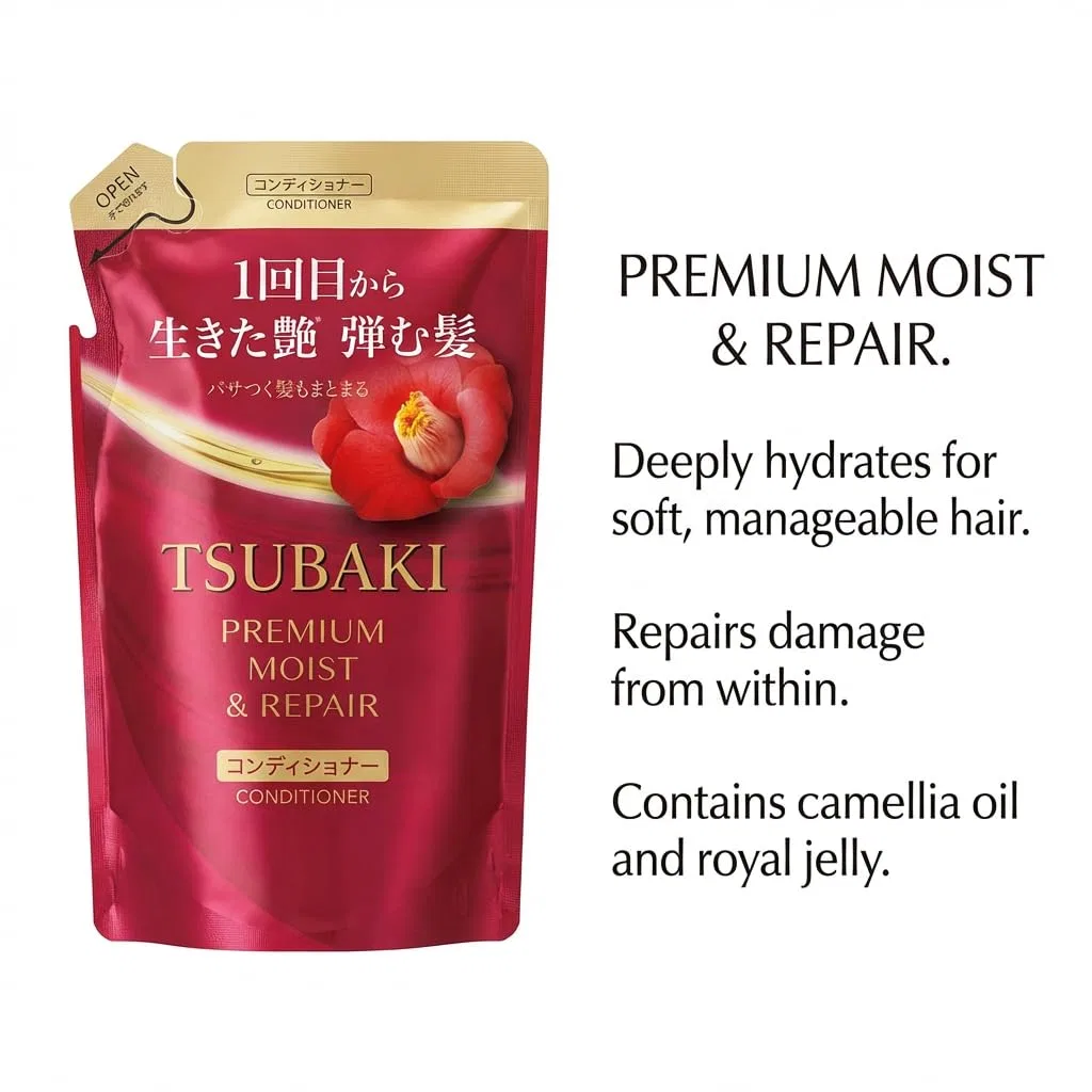 Увлажняющий и восстанавливающий кондиционер TSUBAKI Premium Moist & Repair, сменный блок 300 мл Alibooster — фото 4