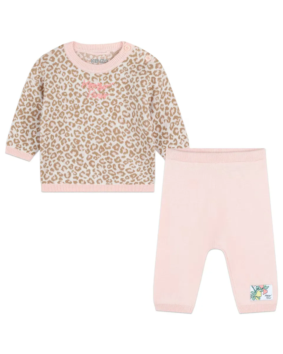 

Комплект для девочки из свитера с принтом и однотонных брюк Kenzo Kids, розовый