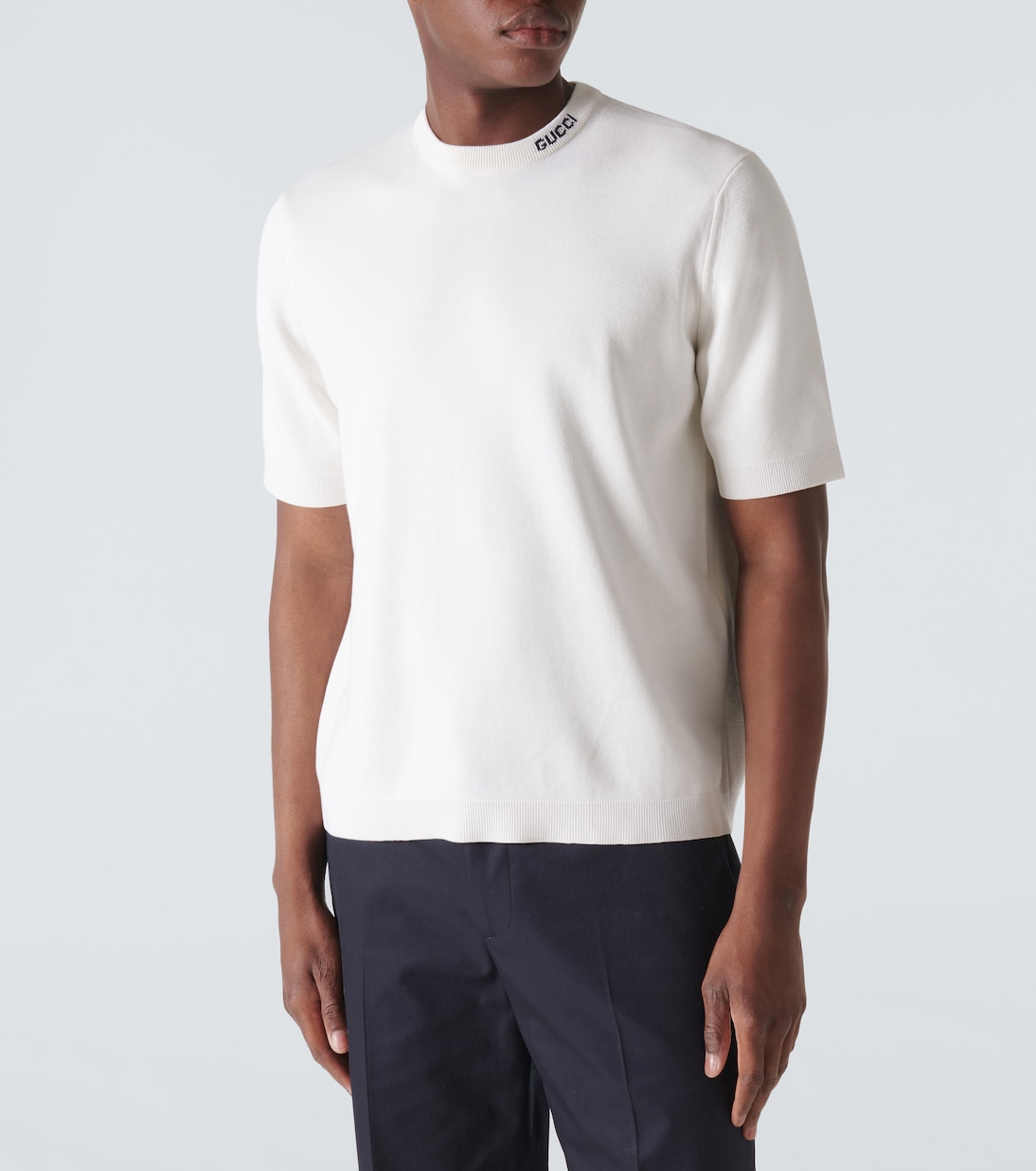 Шелковая и хлопковая футболка с логотипом Gucci, White/Blue — фото 3