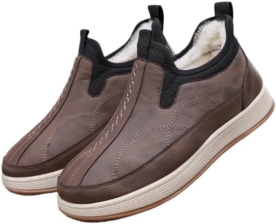 

Мужские зимние ботинки с застежкой без шнурков до щиколотки с поддержкой свода стопы, водонепроницаемые противоскользящие высокие кожаные с меховой подкладкой снежные лоуферы, удобные для походов и прогулок Hhhchpm, хаки