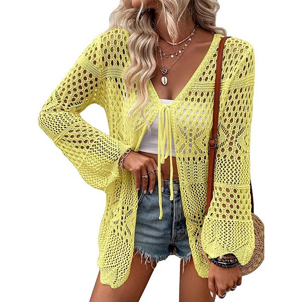 

Женский кардиган с запахом и ажурной вязкой Seoria, Yellow