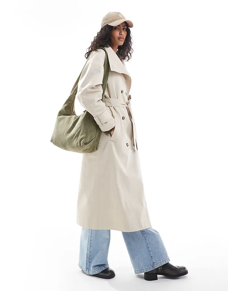 

Длинный тренчкот с воротником-стойкой в каменном цвете ASOS DESIGN